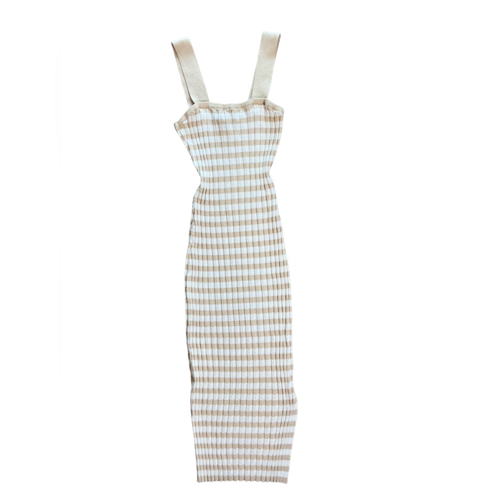 Merokeety Ribbed Striped Midi Dress Size M Beige White Bodycon